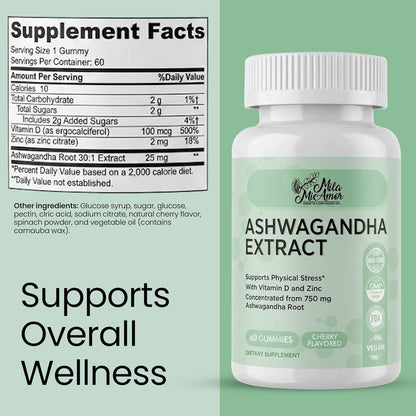 Ashwagandha Gummies 750mg with Vitamin D and Zinc - Daily Wellness Formula - Cherry Flavor, Vegan, Non-GMO - 60 Gummies