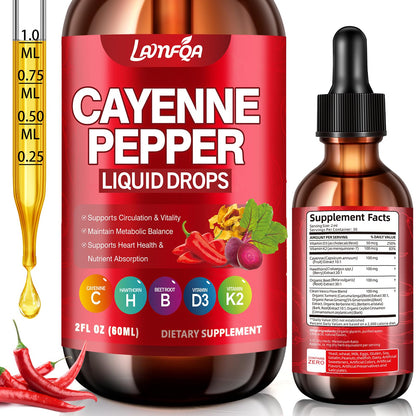 Cayenne pepper liquid drops bottle with label and dropper on a white background