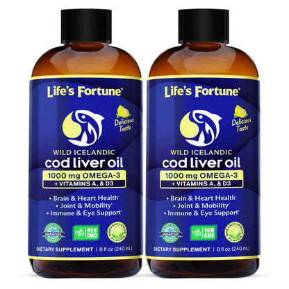 Life's Fortune Cod Liver Oil Liquid Lemon Flavor Organic Supplement with DHA, EPA 1000 mg High Potency Omega-3s + Vitamin A, E & D3 - Supports Immune, Joints, Eyes, 16 Fl Oz (Pack of 1)