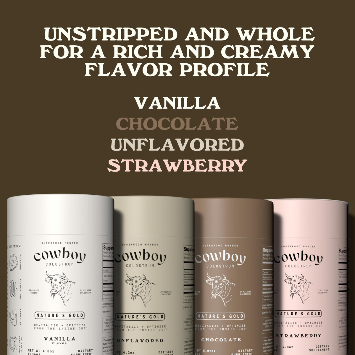 Cowboy - The Exclusive 1st Milking, Whole, Grass Fed Colostrum Supplement for Full Body Health - Sugar Free Bovine Colostrum Powder Packed with Bioactive(Vanilla & Chocolate) Nutrients COWBOY COLOSTRUM buy supplements Au