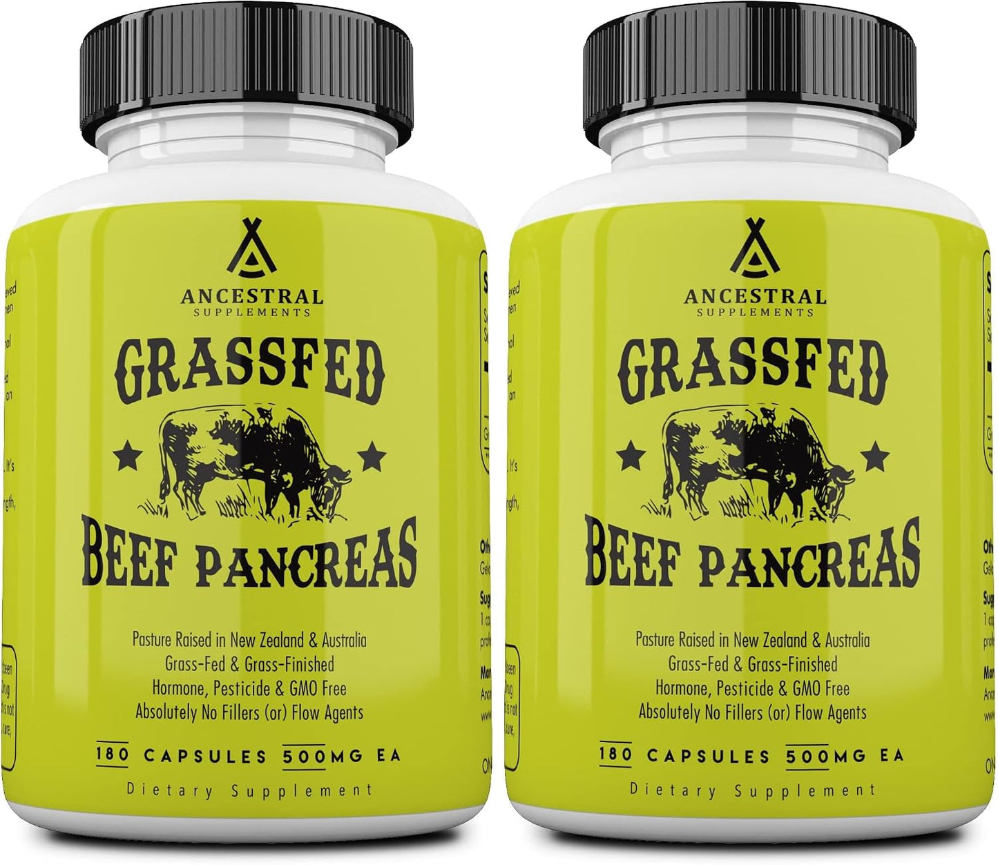 Ancestral Supplements Grass Fed Beef Pancreas Supplement, 500mg, Pancreatic Support with Proteolytic Digestive Enzymes for Digestion Support, Including Trypsin, Non GMO, 180 Capsules (Pack of 2)