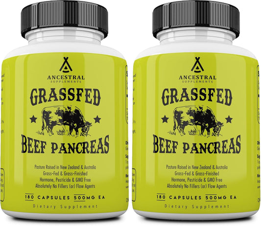 Ancestral Supplements Grass Fed Beef Pancreas Supplement, 500mg, Pancreatic Support with Proteolytic Digestive Enzymes for Digestion Support, Including Trypsin, Non GMO, 180 Capsules (Pack of 2)