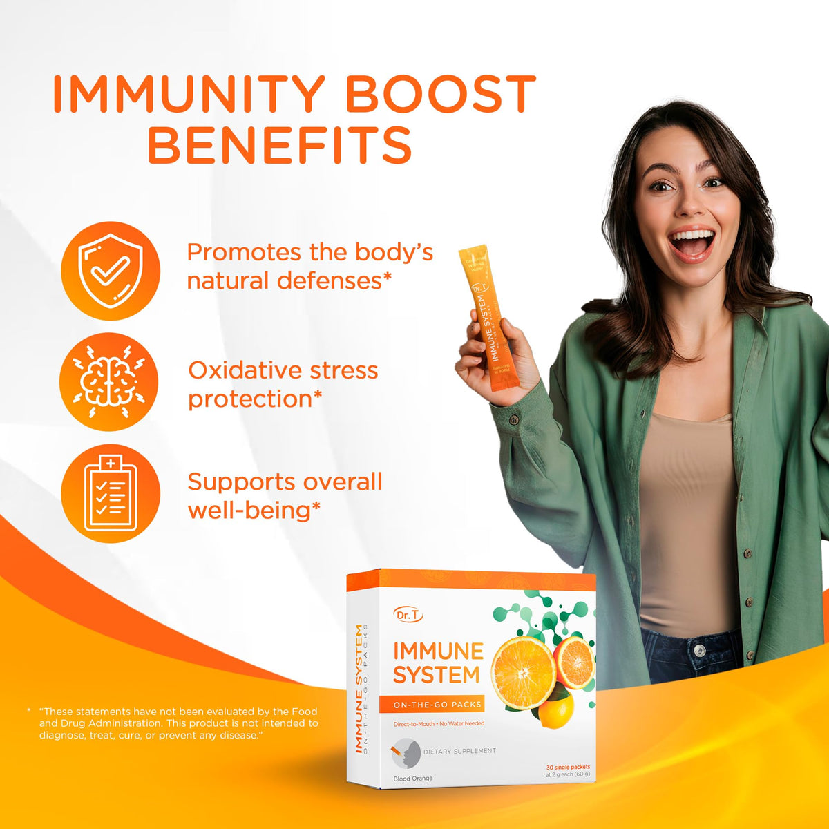 Dr. T On-the-go Packs – Immune System Formula – No Water Needed, Direct-to-Mouth – with Vitamins C, E, Zinc & Selenium – Supports Daily Wellness, Vitality & Overall Health – Orange, 30 Packs Dr. T buy supplements Au