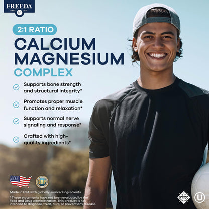 Freeda Calcium Magnesium 2:1 Supplement - 250 Capsules | Vegan Calcium & Magnesium Formula - Third-Party Tested - Support Bone Strength, Muscle Relaxation, and Healthy Nerve Function