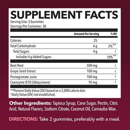 Beet Root Gummies with COQ10 and Grape Seed, Mixed Berry, 30 Servings | Nitric Oxide Supplement with Beetroot, Grape Seed Extract and COQ10 for Performance and Recovery, Vegan, Non-GMO, Gluten-Free