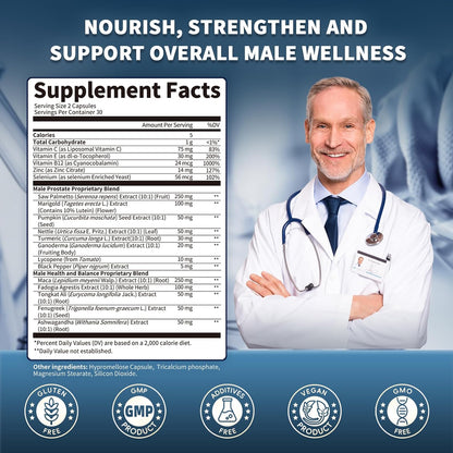 Prostate Health Supplements for Men - 18 in 1 Saw Palmetto with Pumpkin Seed & Nettle - Advanced DHT Blocker - Urinary Tract Health Support - with Ashwagandha, Reishi, 2 Pack