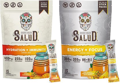 Salud 2-Pack | 2-in-1 Hydration + Immunity (Mango) & Energy + Focus (Pineapple Mango) – 15 Servings Each, Agua Fresca Drink Mix, Non-GMO, Gluten Free, Vegan, Low Calorie, 1g of Sugar