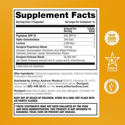 Arthur Andrew Medical - Devigest ADS, Advanced Digestive Support, Relief for Lactose Intolerance and Casein Sensitivities, Vegan, Non-GMO, 180 Capsules | Advanced Digestive Support, Relief For Lactose, Gluten, & Dairy Intolerance, & Casein Sensitivities,