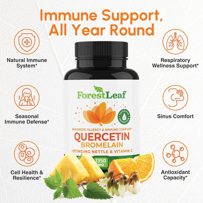 ForestLeaf Quercetin with Bromelain 1350mg - Blend with Vitamin C & Stinging Nettle Supplement, Quercetin 500mg Capsules, Non-GMO Gluten Free, Natural Function, 90 Veggie Caps