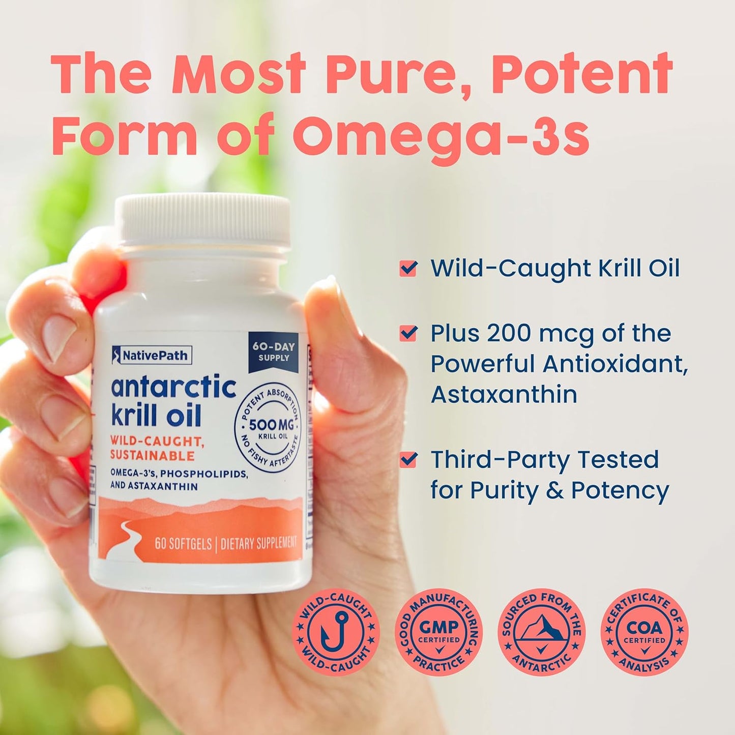 NativePath Antarctic Krill Oil 500mg, Omega-3, 60 Softgels | Wild-Caught, Astaxanthin, EPA & DHA Phospholipid-Bound, Supports Circulatory, Brain & Joint Health