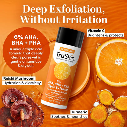 TruSkin AHA PHA BHA Liquid Exfoliant Toner with Vitamin C, 4.2 fl oz | With Salicylic and Glycolic Acid to help unclog pores while improving the look of skin tone and texture
