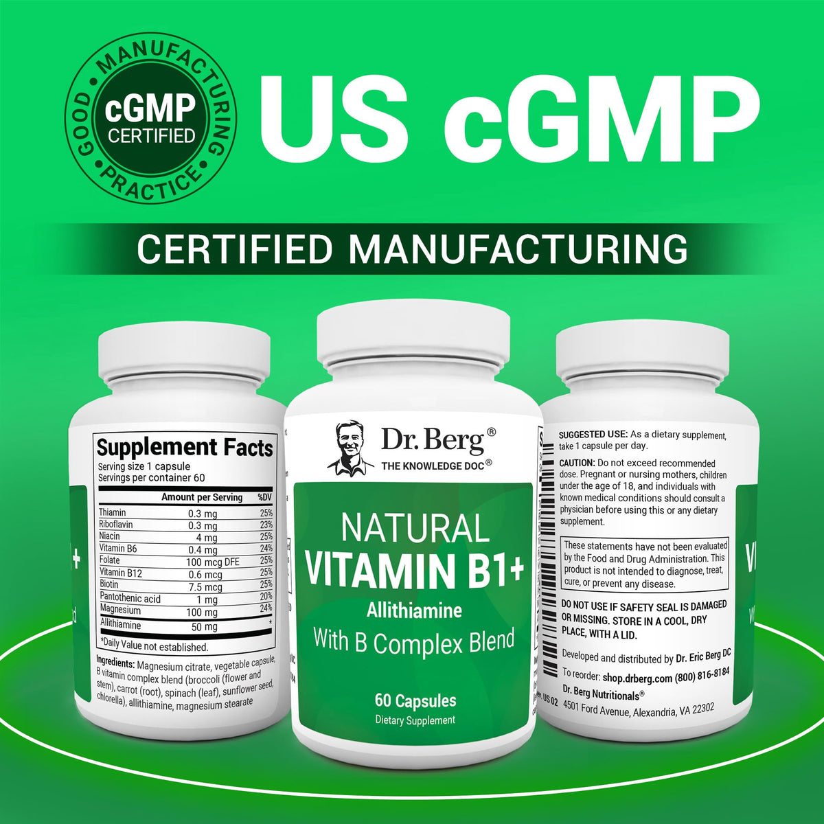 Dr. Berg Natural Vitamin B1 B6 B12 Complex - Allithiamine Vitamin B1 Supplement with 8 Essential Vitamin B Complex for Men & Women Including Thiamin, Niacin, Folate, Magnesium & More - 60 Capsules Dr. Berg NutritionalsBuy Supplements Australia