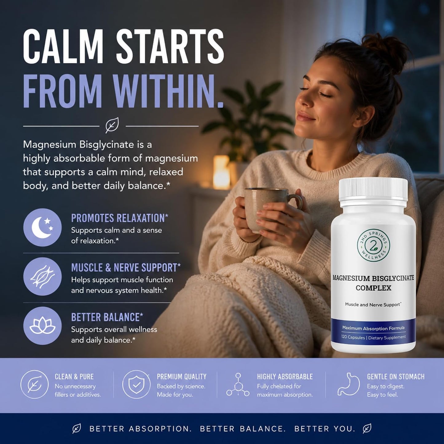 Magnesium Bisglycinate Complex 400mg Supplement | Albion TRAACS Chelated, Maximum Absorption, Gentle on Stomach, Highly Bioavailable, 120 Capsules