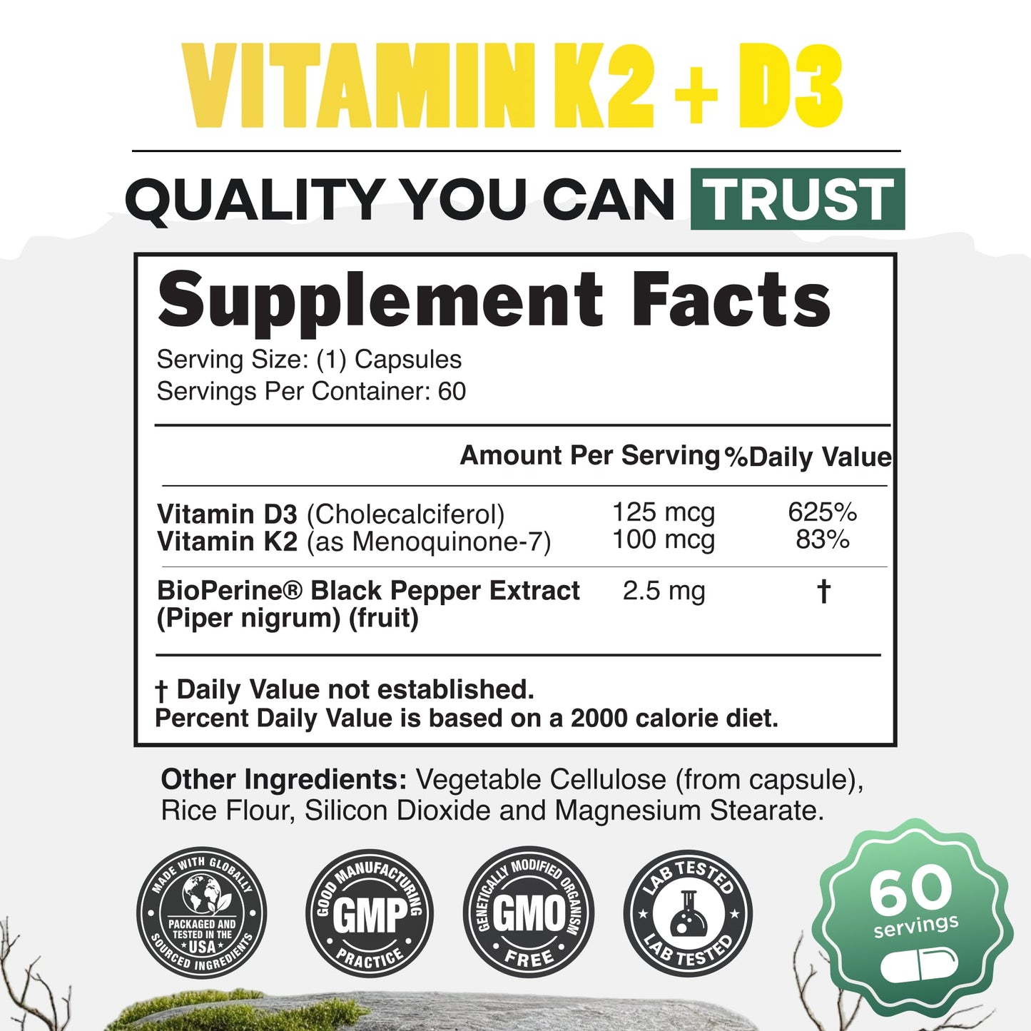Wild Foods 5000iu Vitamin D3 + K2 | (100mcg Mk7) with Black Pepper Extract, Plant-Based, Non-GMO, Soy & Gluten-Free | Dietary Supplement | Made in USA | 60 Capsules