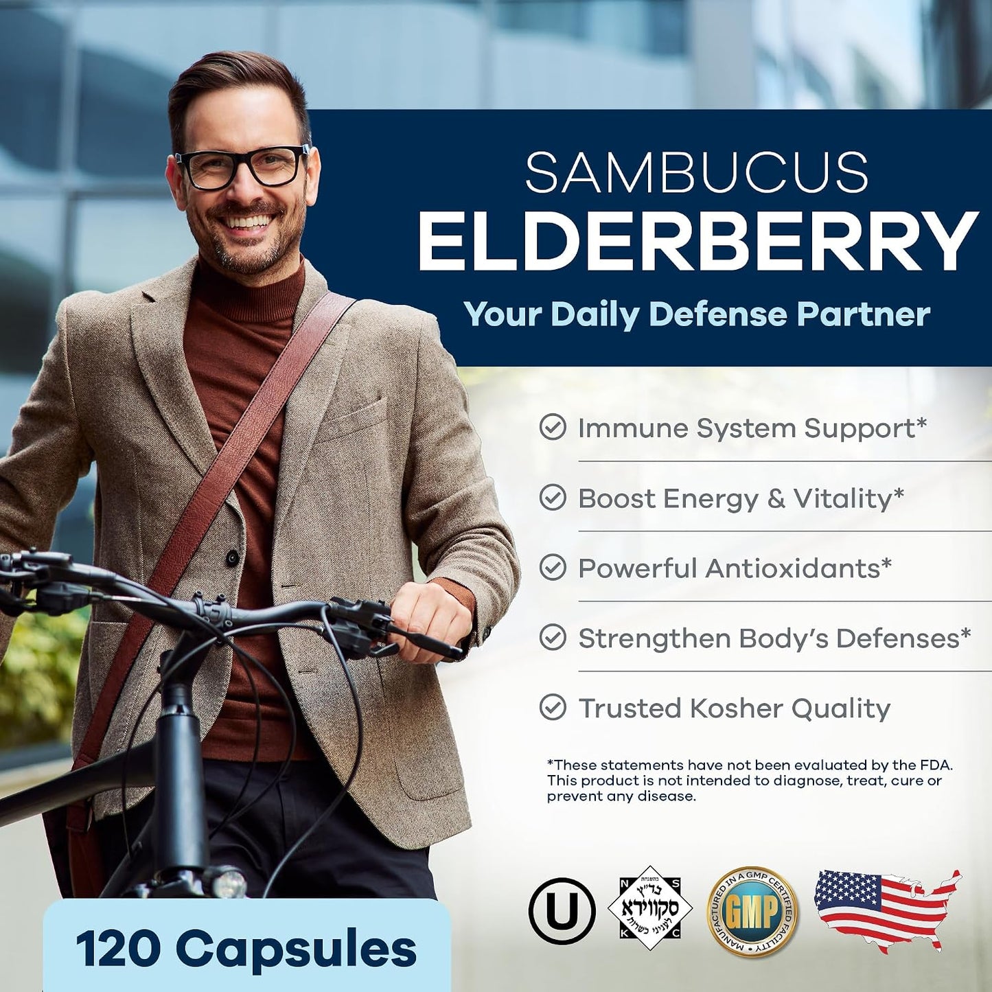 FREEDA Sambucus Elderberry Capsules - 5-in-1 Immune Support - 120 Count | Herbal Antioxidant Supplement with Vitamin C, Zinc, Vitamin D3 & Ginger for Adults - Gluten-Free - Made In USA