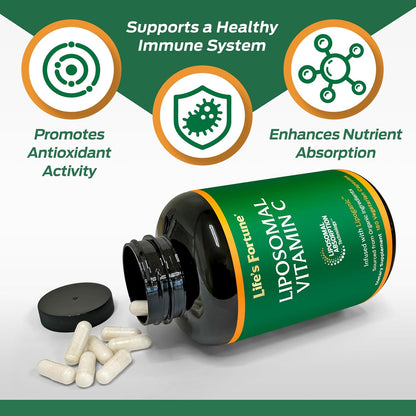 Life's Fortune Liposomal Vitamin C 2100 mg, Fast Acting Absorption, Higher Bioavailability Supporting Immune System, High Antioxidant Supplement Formula – Collagen Booster – 180 Capsules