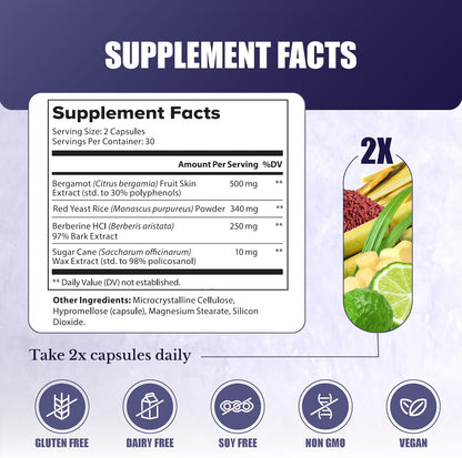 CL Switch | Citrus Bergamot Supplement for High Cholesterol Support | Lipid Level Support, 500 mg Citrus Bergamot Extract, 250 mg Berberine, Red Yeast Rice, 30 Days Supply, 60 Capsule