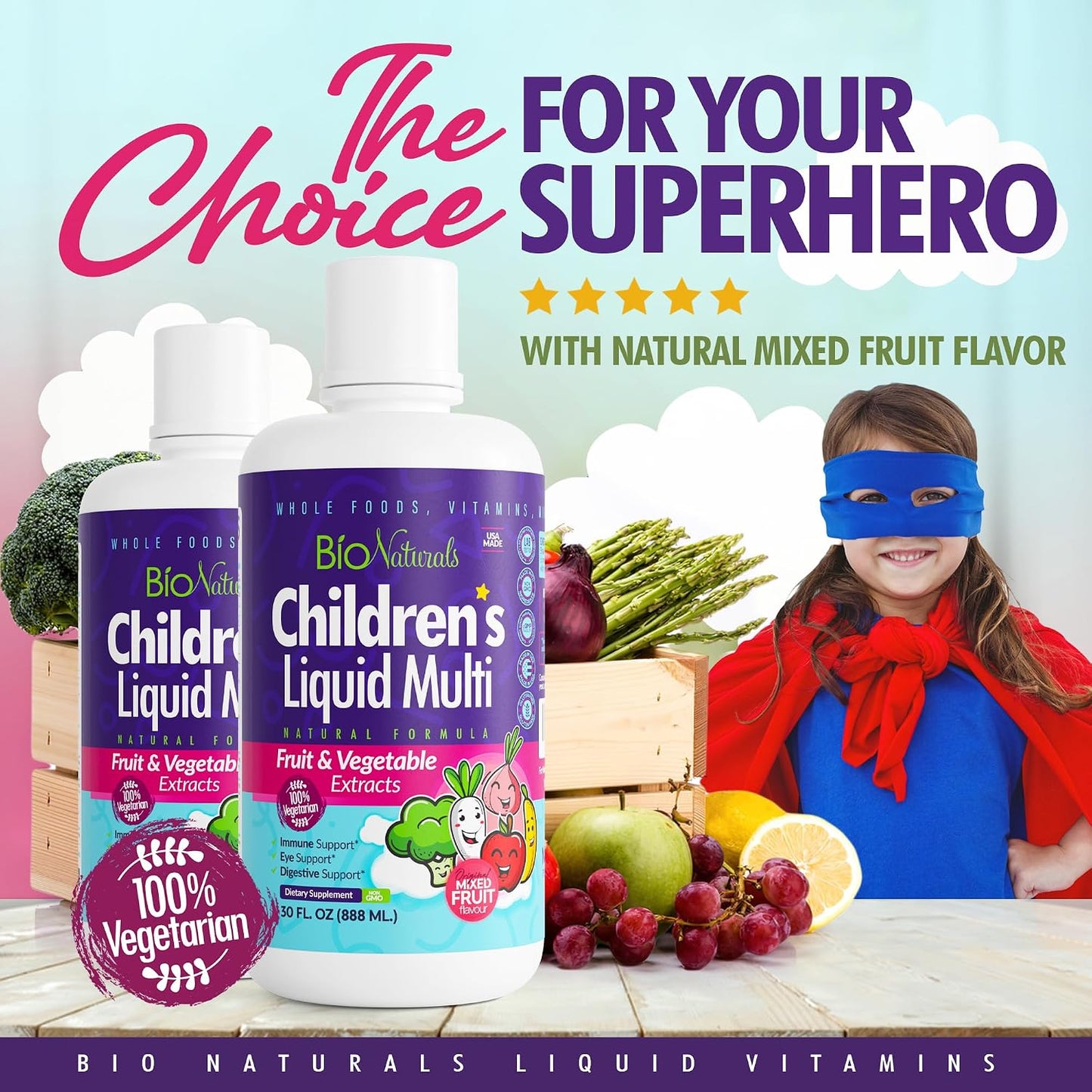 Children's Liquid Multivitamin & Immune Booster - Natural Supplement for Kids & Toddlers with Vitamins A B C D3 E, Fiber, Fruits & Vegetables - No Gluten, Sugar, Dairy, Soy - 30 oz