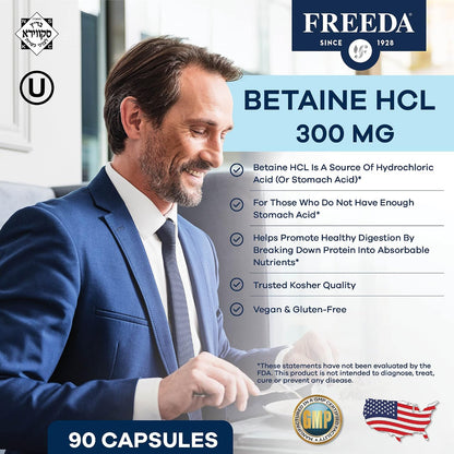 Freeda Betaine HCl Vegan Digestive Supplement - 90 Capsules | Vegan Betaine HCl Supplement - Supports Healthy Digestion - Free Of Pepsin - For Daily Digestive Wellness