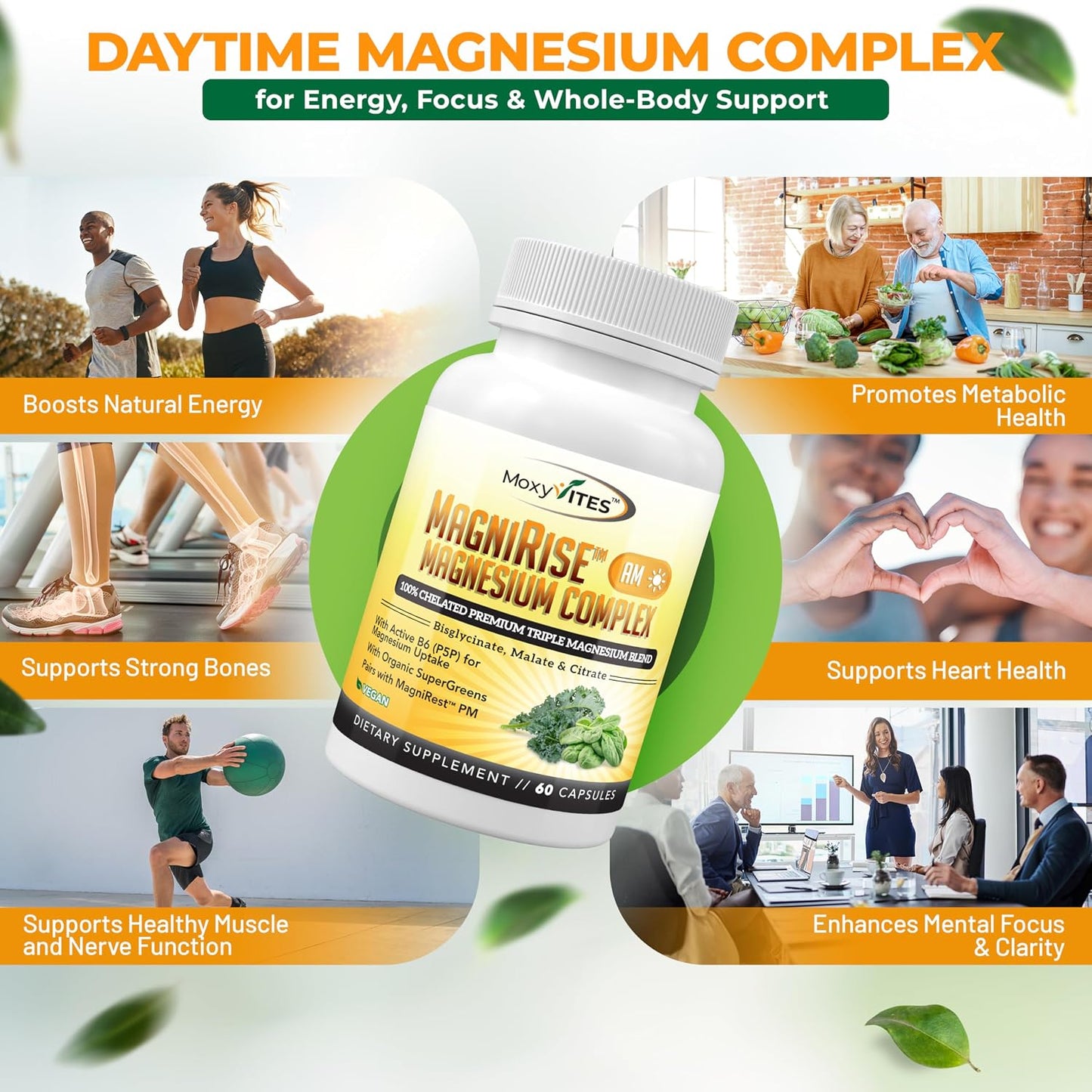 MoxyVites MagniRise™ AM– Magnesium Complex for Women & Men - 200mg Magnesium Bisglycinate, Malate, Citrate, B6, Organic SuperGreens – Chelated, High Absorption – Pairs with MagniRest™ PM – 60 Capsules