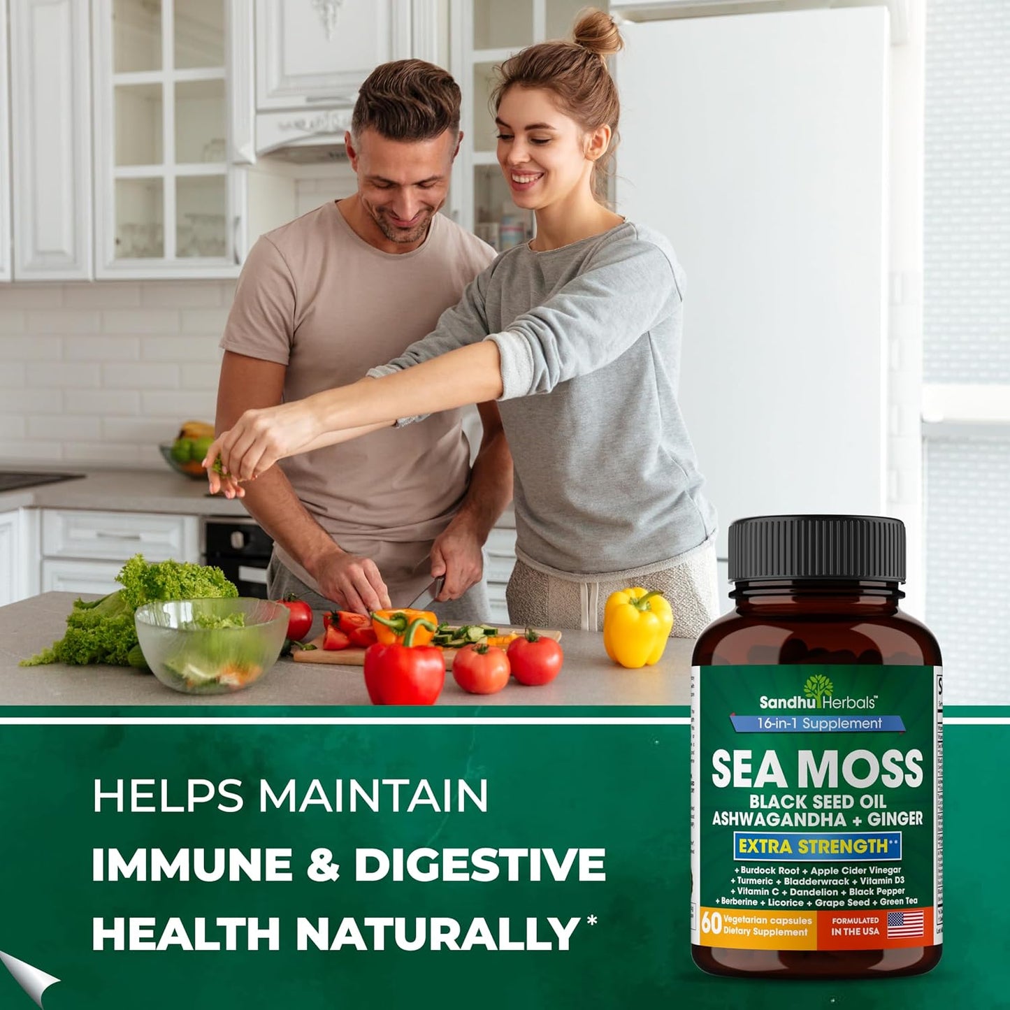 Sandhu Herbals Seamoss & Turmeric Curcumin with Bioperine Capsules | Supports Immune, Digestive, Cognitive, Skin & Hair Health
