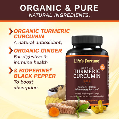 Life's Fortune Organic Turmeric Curcumin with Black Pepper and Ginger, Enhanced Absorption, Extra Strength Supplement, Joint & Immune Support, Non-GMO, 180 Cap - 2250mg
