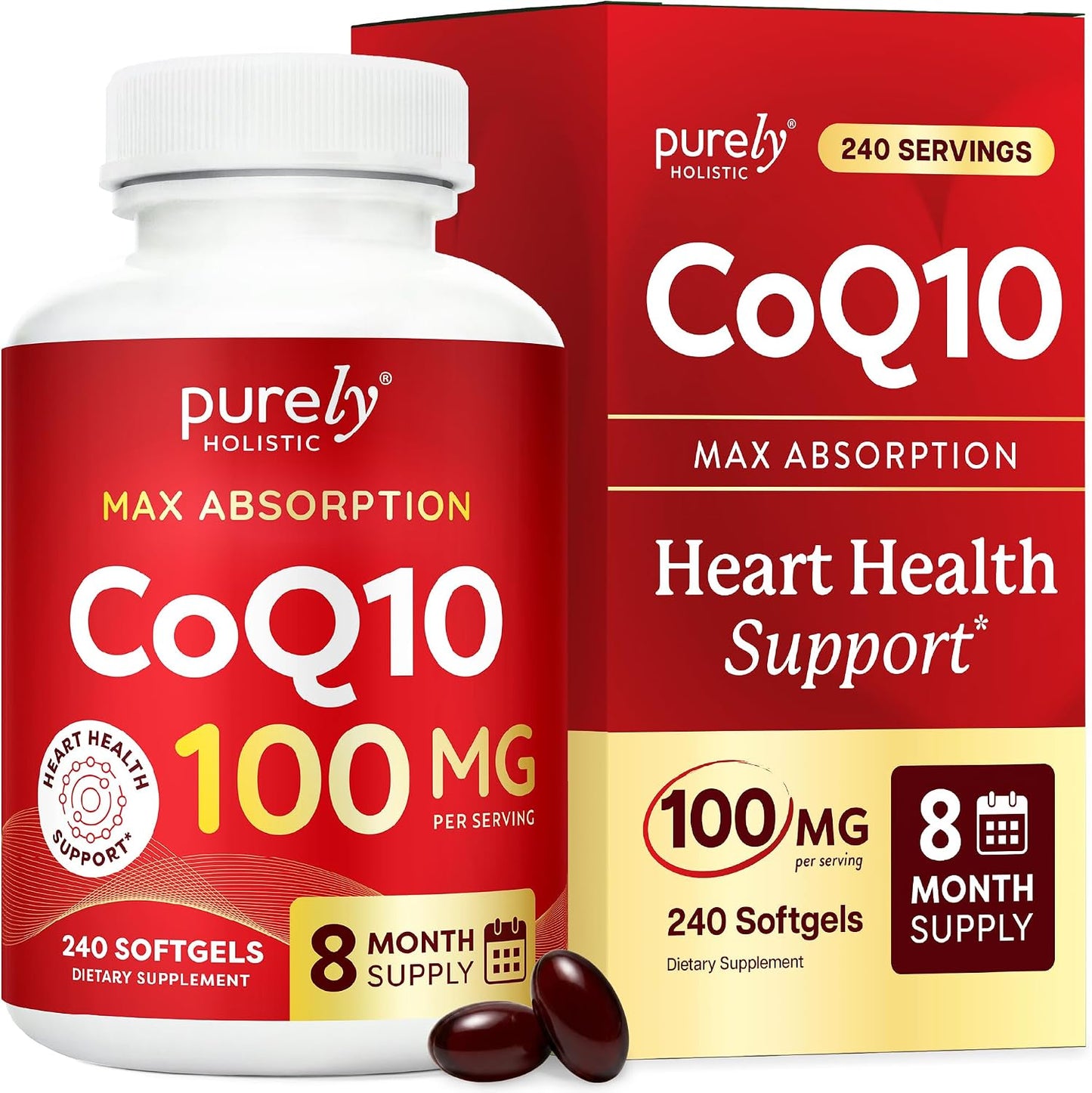 CoQ10 100mg Softgels, Heart Health Support, 8 Month Supply, High Absorption | Coenzyme Q10 for Energy Levels & Vitality Support, Co Q 10 Supplement, Non-GMO, Gluten-Free, 240 Co Q10 Softgels (Once-Daily)