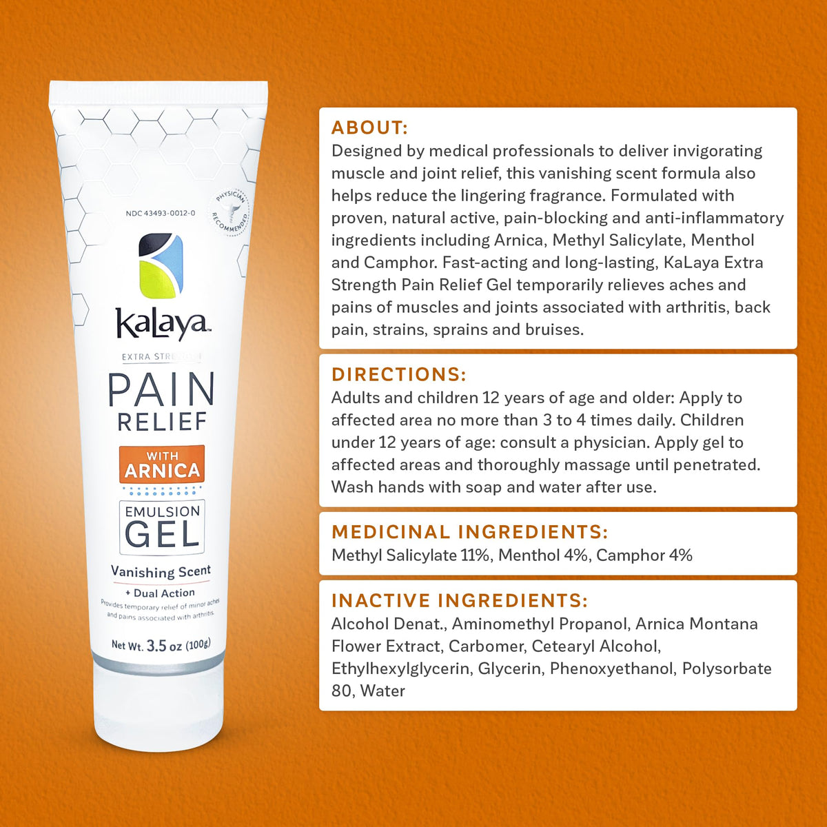 Kalaya Extra Strength Pain Relief Gel with Arnica -Fast Acting, Long Lasting, Vanishing Scent, medically formulated for Arthritis, Joints, Muscle, Back, Neck, Shoulder, Hand and Knee Pain Kalaya NaturalsBuy Supplements Australia