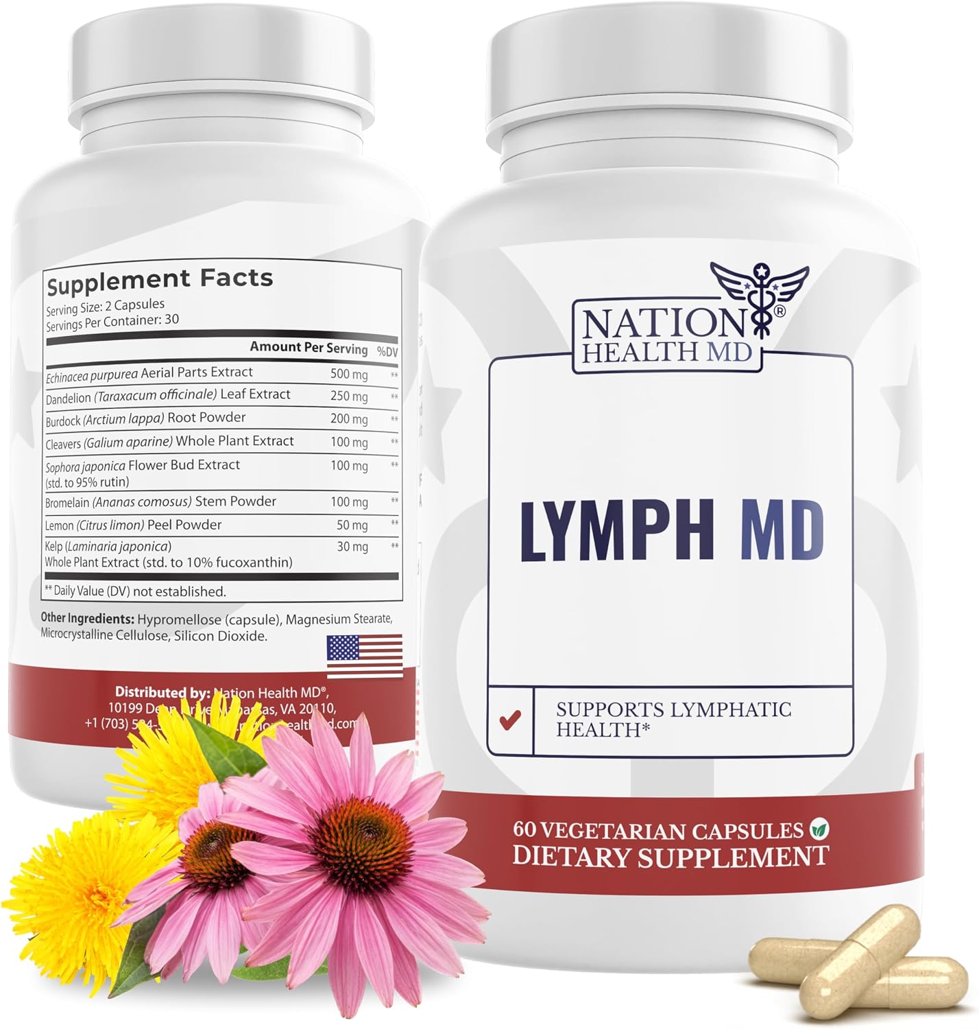 Lymph MD | Lymphatic Drainage Supplement | Lymph Support | Lymph System Support with Bromelain, Echinacea, Burdock Root, Dandelion, Rutin, Kelp. 30 Days Supply. 60 Capsules