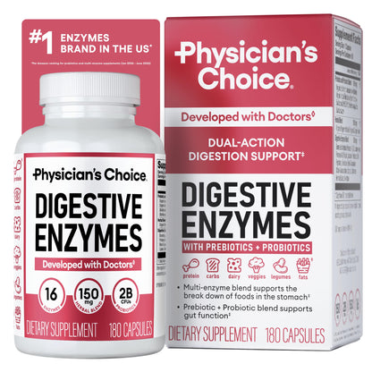 Physician's CHOICE Digestive Enzymes for Bloating & Digestion - Fast-Acting 16 Enzyme Formula with Organic Prebiotics & Probiotics for Gut & Digestive Health - Meal Time Discomfort Relief - 60 CT