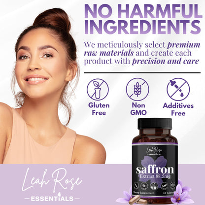 Leah Rose Essentials Saffron Supplement 88.5mg | Mood, Focus, and Stress Support | 60 Premium Saffron Extract Capsules | Made in the USA | 3rd Party Lab Tested | Non-GMO, Vegan, Gluten-Free
