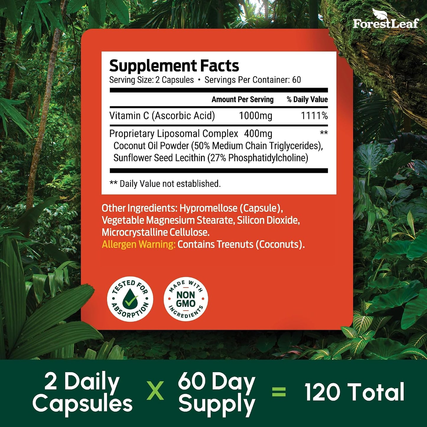 ForestLeaf Liposomal Vitamin C 1400mg Capsules | High Dose Vitamin C Liposomal Supplement w Coconut Oil Fatty Acids | Fast Absorption | Immune Support, Antioxidant, Collagen Production | 120 Vegan Cap