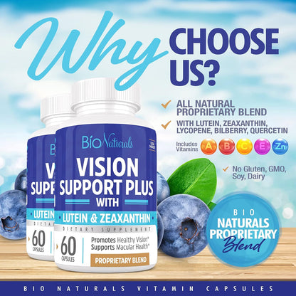 Eye Vitamin Supplement with Lutein, Zeaxanthin, Lycopene, Bilberry, Quercetin & More - All Natural Proprietary Blend Supports Vision & Macular Health - 60 Veggie Capsules