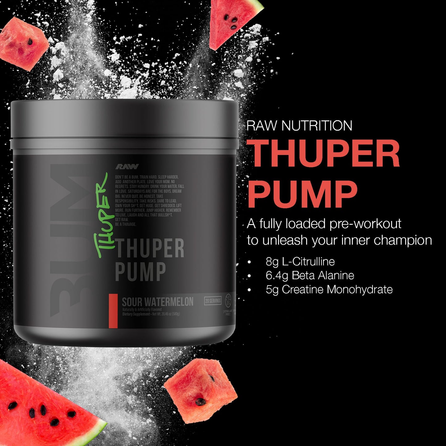 RAW Thuper Pump Stim Free Pre Workout Powder - High-Dosage Caffeine-Free Pre Workout for Max Muscle Pumps & Strength Building - Non-Stimulant Preworkout with Creatine - 20 Servings, Champion Mentality