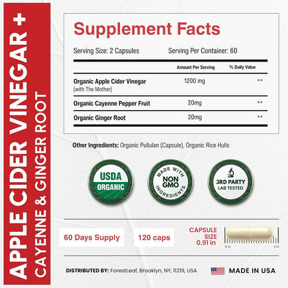 USDA Organic Apple Cider Vinegar Capsules with Mother, 1200 mg | Vegan & Non-GMO | Apple Cider Vinegar Pills with Cayenne Pepper & Ginger Root | 120 Caps