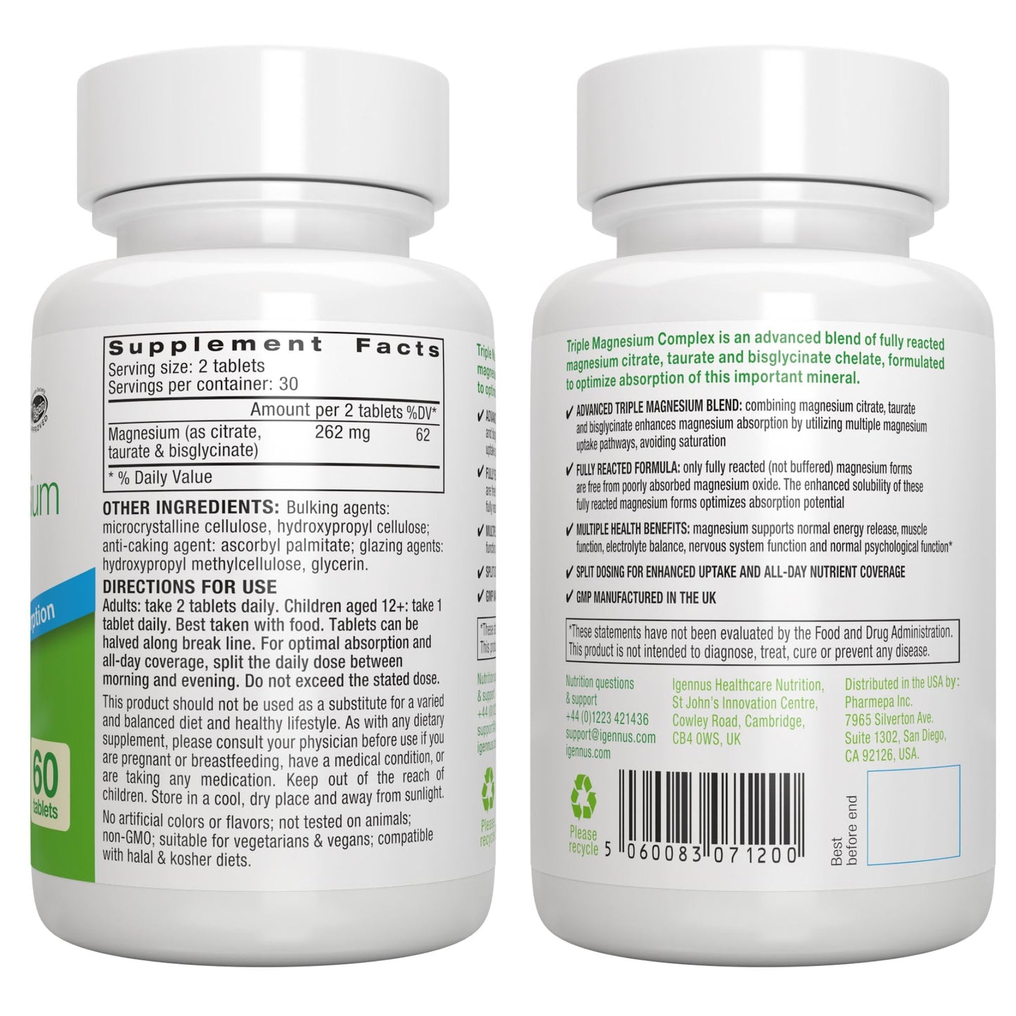 Igennus Superior Triple Magnesium Complex, Fully Reacted & Chelated Glycinate, Taurate & Citrate, Clean Label, High Bioavailability & Absorption, 60 Tablets, Vegan, Non-Buffered Igennus Healthcare Nutrition buy supplements Au