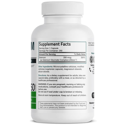 Bronson Selenium 200 mcg – Yeast Free Chelated Amino Acid Complex - Essential Trace Mineral with Superior Absorption, 250 Vegetarian Capsules