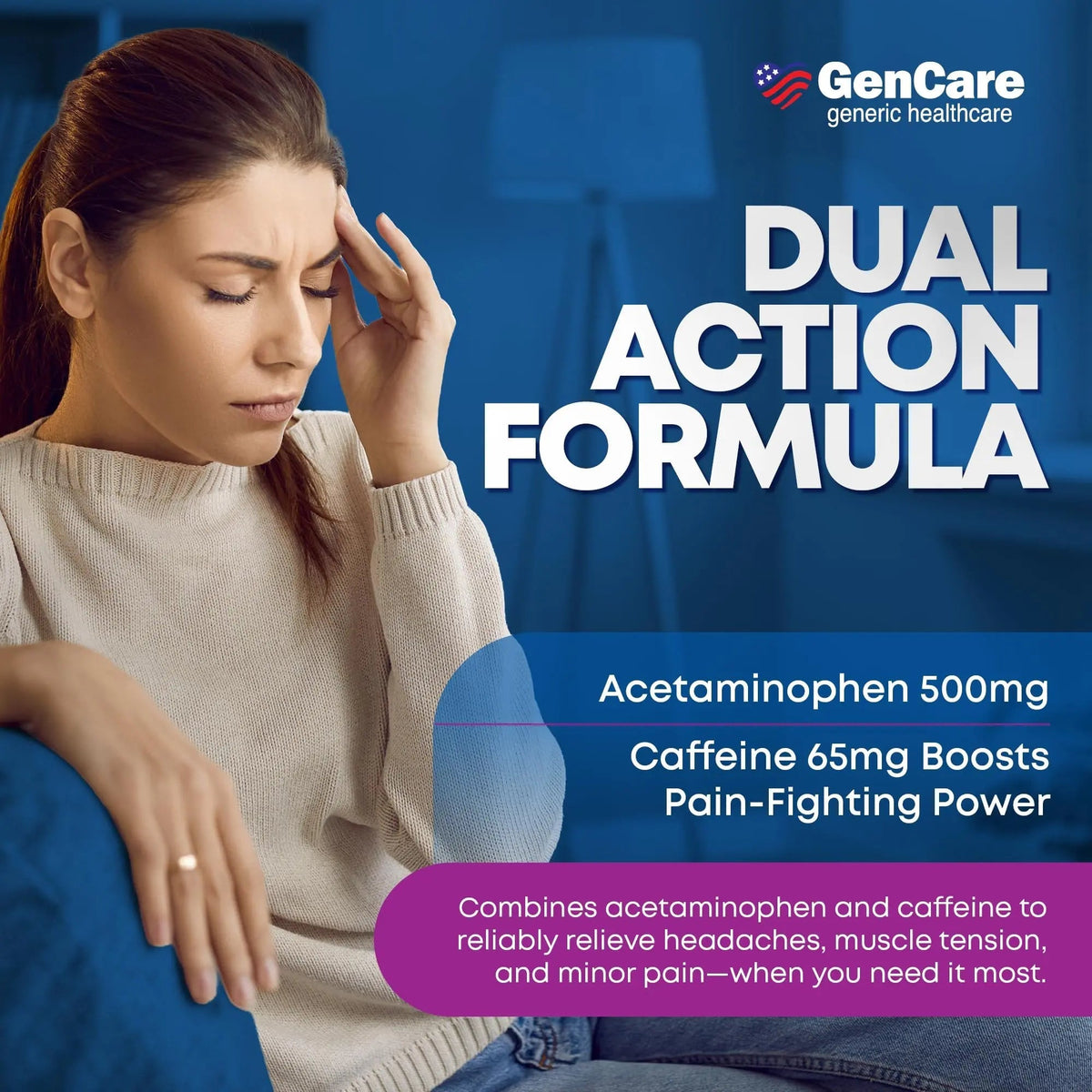 GenCare - Tension Headache Relief Pain Reliever with Acetaminophen 500 mg & Caffeine 65 mg (200 Caplets) Best Value Bulk Extra Strength for Head, Migraine, Joint Pain & Body Ache Relief Medicine GenCareBuy Supplements Australia