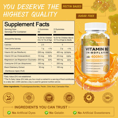Totaria Vitamin B2 Gummies, Sugar Free Riboflavin 400mg Supplement for Adults & Kids with Magnesium Glycinate 400mg, COQ10 & Elderberry, Skin & Nervous System Support, Non-GMO, 60 Gummies