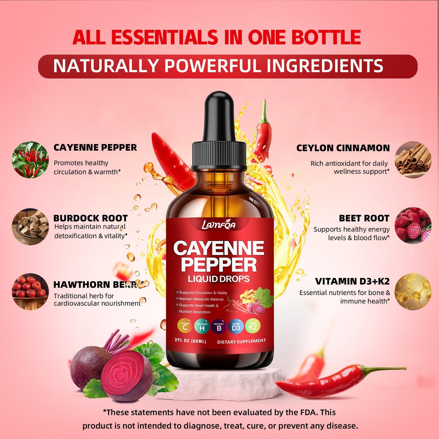 Cayenne Pepper Liquid Drops - Potent Blend with Hawthorn Berry, Turmeric Curcumin, Vitamin D3 K2, Beet Root & Panax Ginseng - Vegan, Non-GMO, High Absorbed Gentle Formula - 2 OZ LAMFQA buy supplements Au