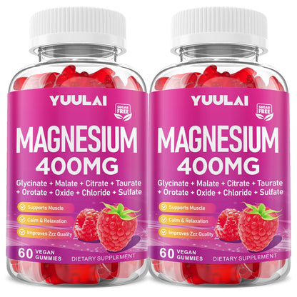 Two bottles of Yuulai Magnesium 400MG gummy vitamins on a white background