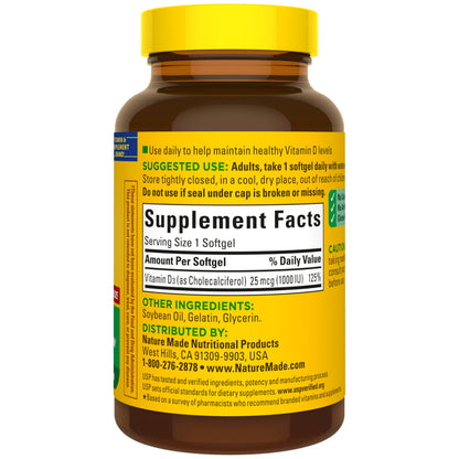 Nature Made Vitamin D3 1000 IU (25 mcg), 300 Vitamin D Softgels | Vitamin D Supplement for Immune, Bone, Teeth and Muscle Health Support, 300 Day Supply