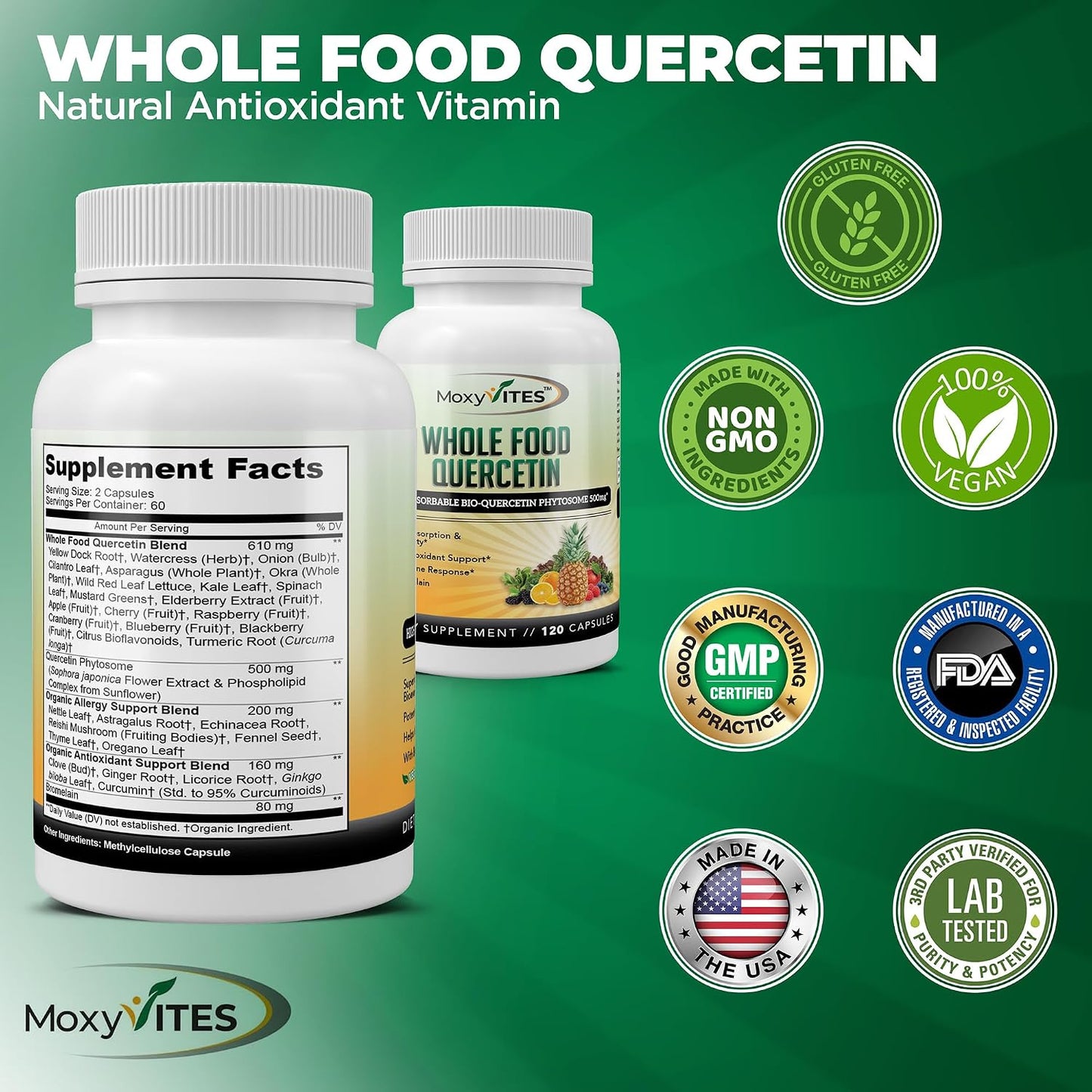 MoxyVites Quercetin with Bromelain 500mg Supplement - Bioactive Phytosome Complex, Pure Organic Whole Food Seasonal Support, Antioxidant, 20X Absorption & Bioavailability-120 Caps