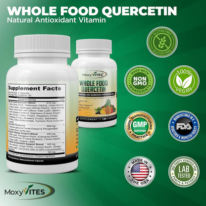MoxyVites Quercetin with Bromelain 500mg Supplement - Bioactive Phytosome Complex, Pure Organic Whole Food Seasonal Support, Antioxidant, 20X Absorption & Bioavailability-120 Caps