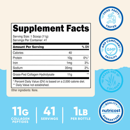 Nutricost Collagen Peptides Powder 1LB (454 G) - Grass Fed Bovine Collagen Hydrolysate (Unflavored)