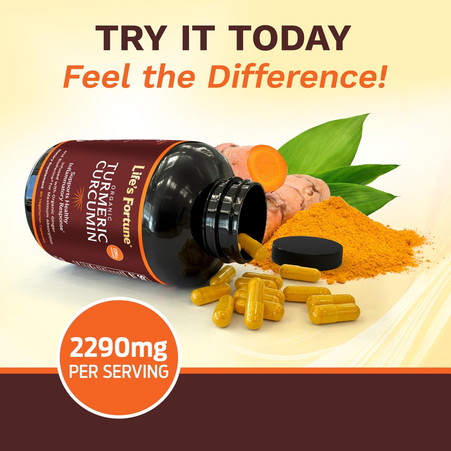 Life's Fortune Organic Turmeric Curcumin with Black Pepper and Ginger, Enhanced Absorption, Extra Strength Supplement, Joint & Immune Support, Non-GMO, 180 Cap - 2250mg