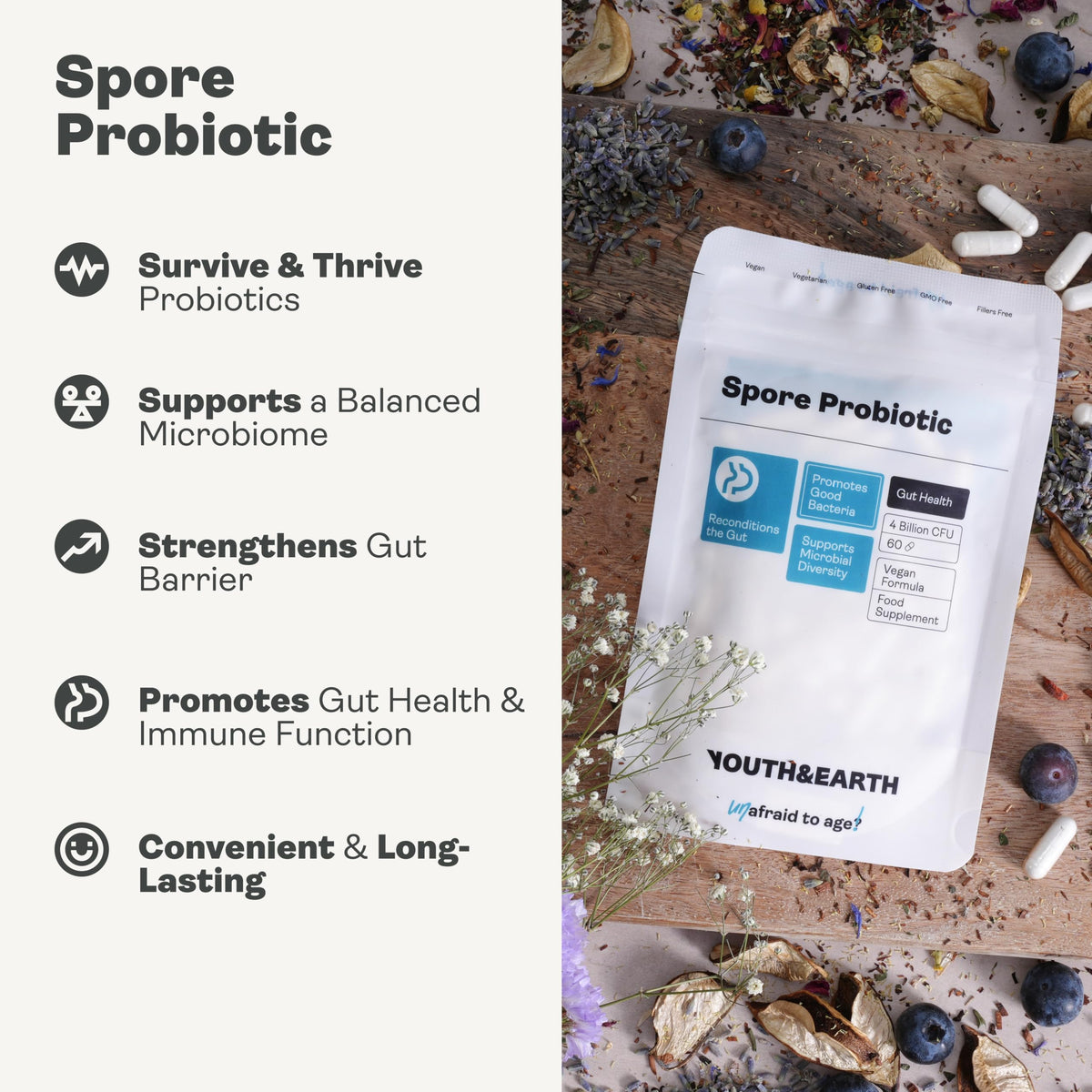 Youth & Earth Spore Probiotics 4 Billion CFU Count - Probiotics for Gut Health & Immune Support | Gut Health Supplements for Digestive Health | 60 Capsules Youth & Earth buy supplements Au