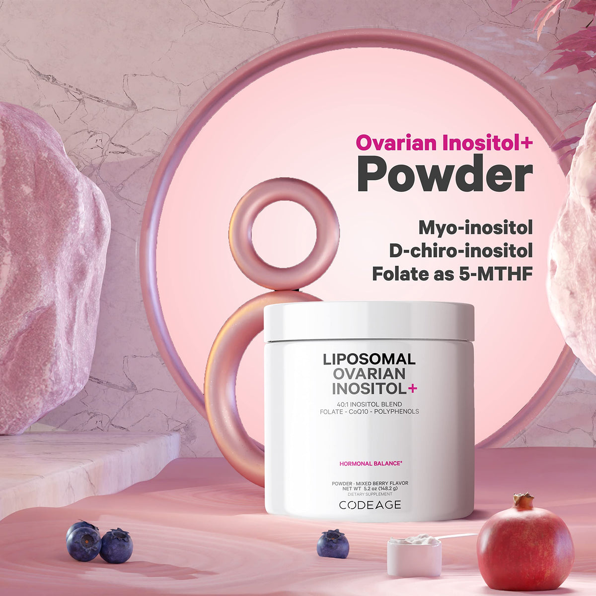 Codeage Liposomal Ovarian Inositol Powder - Myo-Inositol & D-Chiro-Inositol 40:1 Blend, Folate 5-MTHF, CoQ10, Pomegranate & Wild Blueberry - 2-Month Supply - Mixed Berry Flavor - Non-GMO, 60 Servings CodeageBuy Supplements Australia