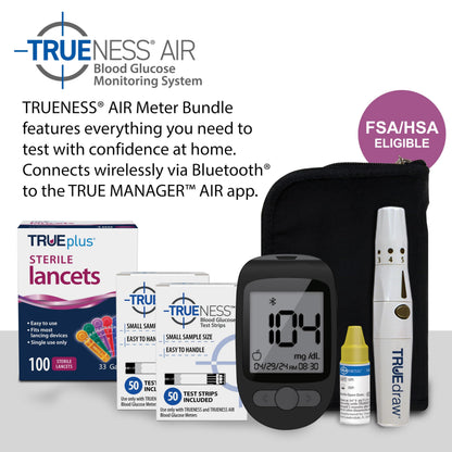 TRUENESS Blood Glucose Meter Kit with Testing Supplies | Includes Blood Glucose Monitor, Case, 100 Test Strips, 100 Lancets, Lancing Device - Fast, Easy Testing Supplies for Home Use