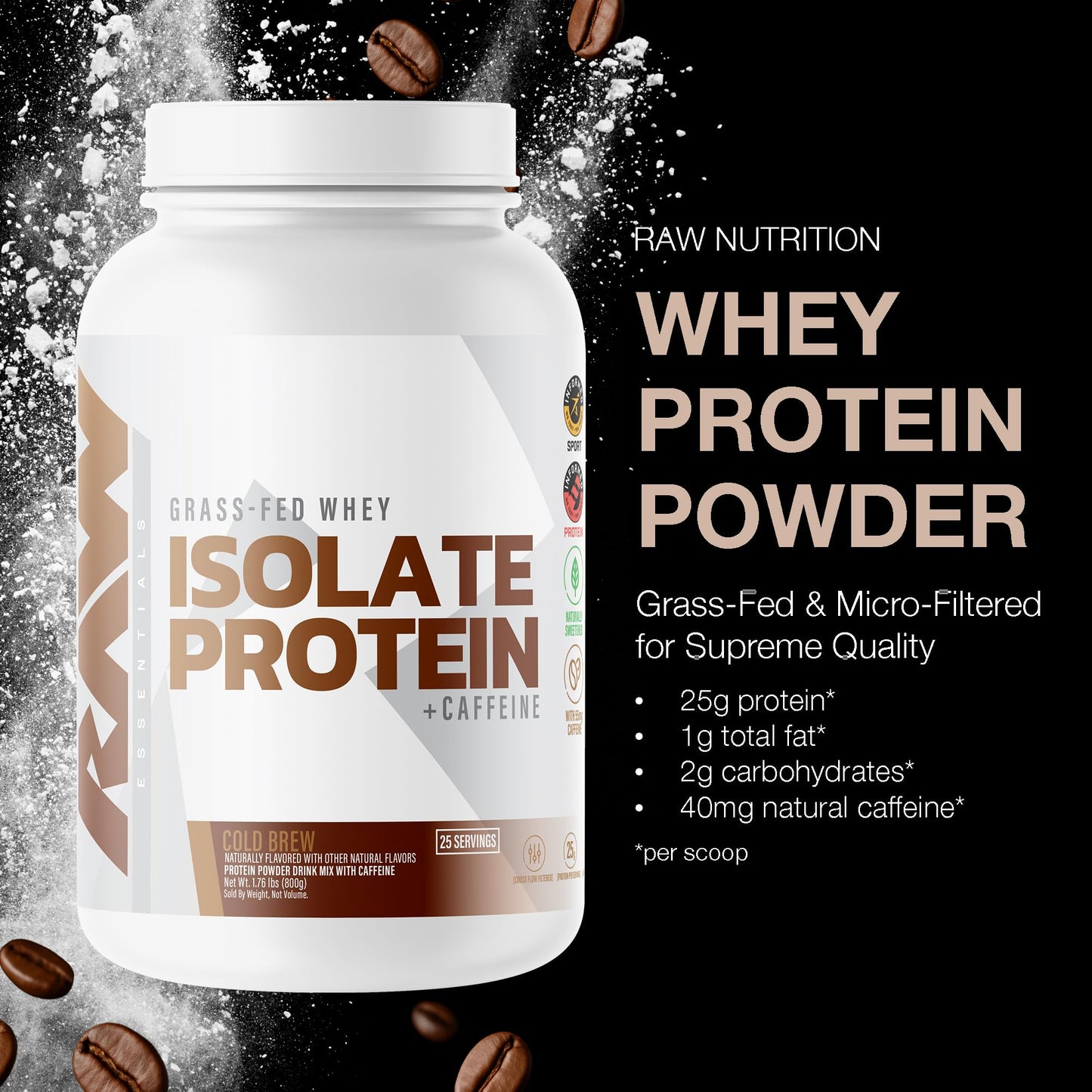 RAW Whey Isolate Protein Powder, Dark Chocolate - 100% Grass-Fed Sports Nutrition Whey Protein Powder for Muscle Growth & Recovery - Low-Fat, Low Carb, Naturally Flavored & Sweetened - 25 Servings